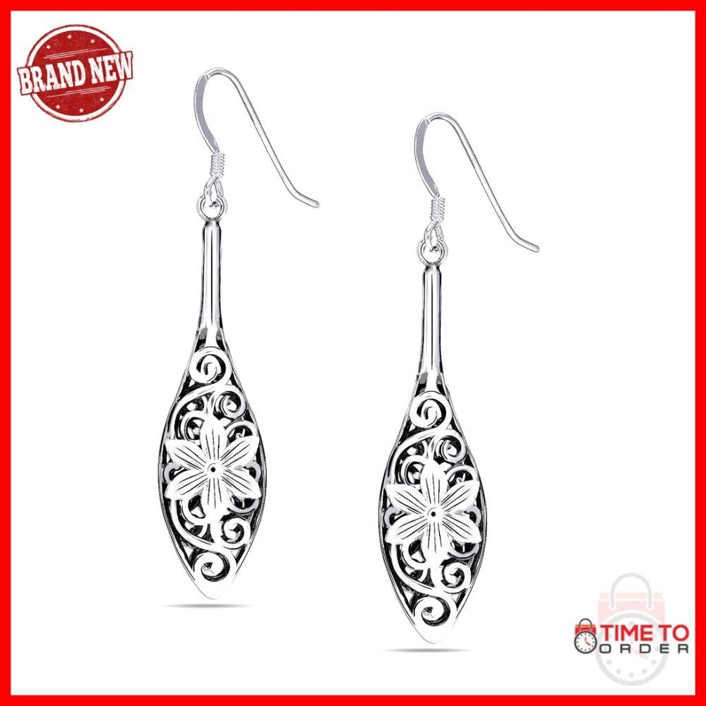 Sterling Silver Teardrop Dangle Earrings, Lightweight Antique Filigree